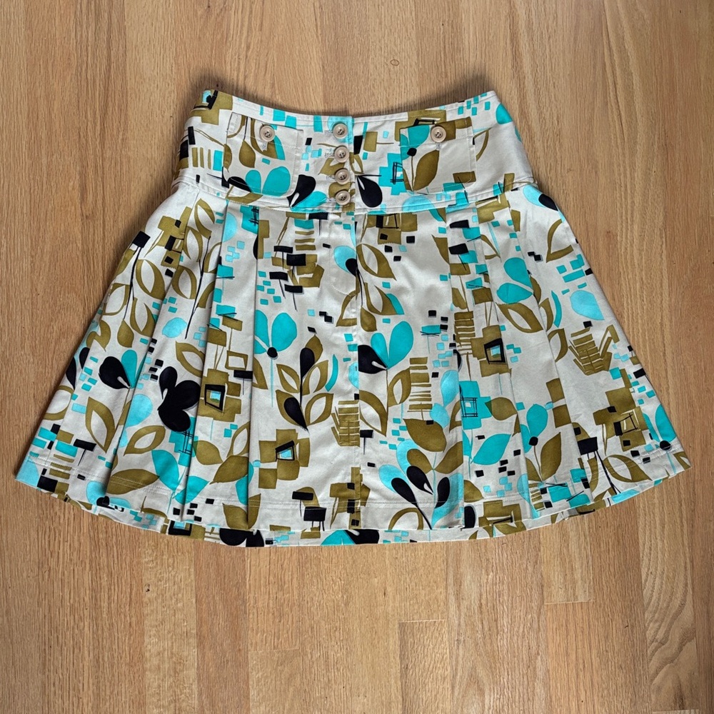 A-Line Retro Flare Skirt with Abstract Print - Cream, Turquoise, Black